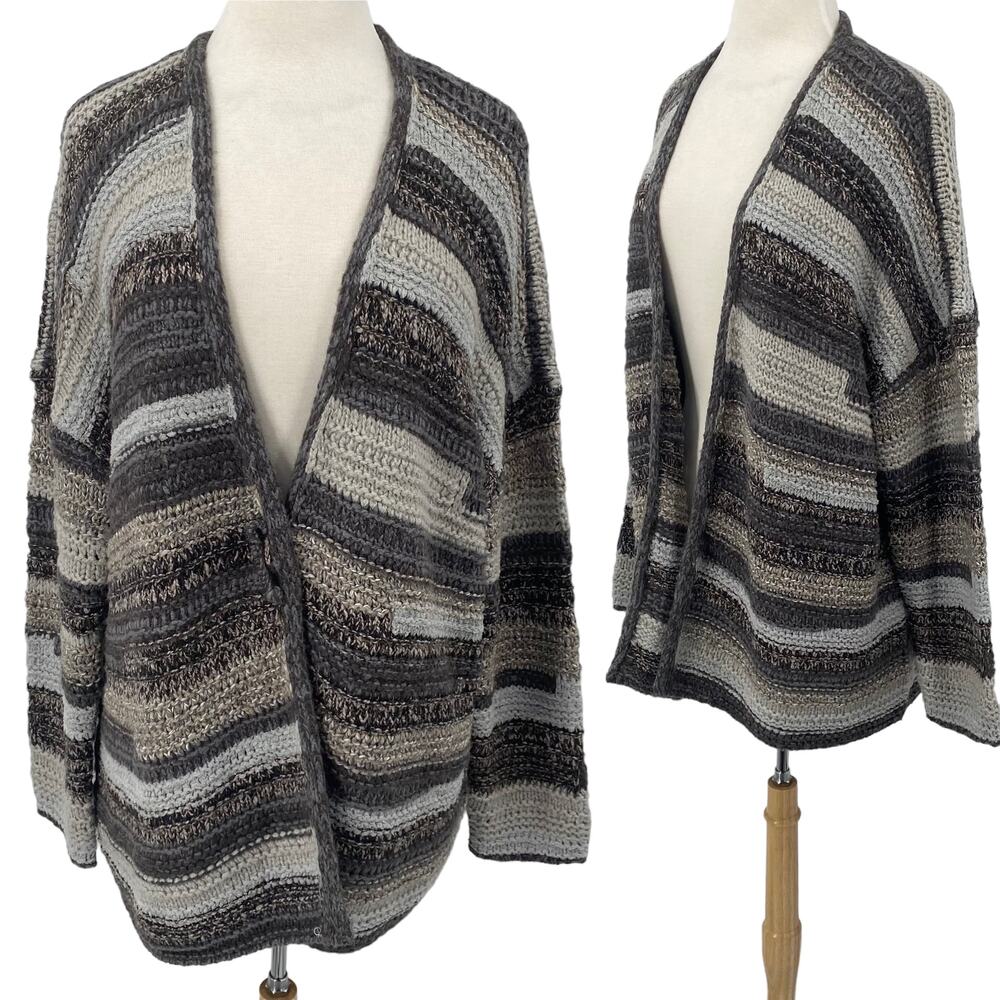J Jill Open Front Cardigan Sweater Stripe Front Pin Close Stretchy Grey Womens L